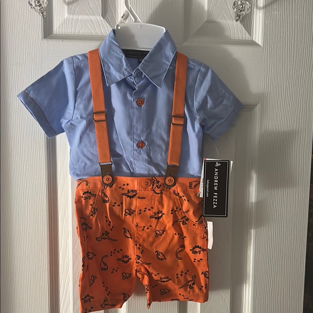 Andrew Fezza Blue Shirt with Orange Suspender Shorts
